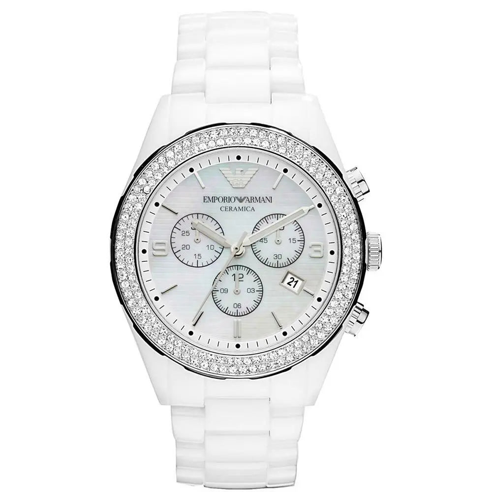 Emporio Armani Ladies Chronograph Watch Ceramica Crystal White AR1456-GR8 Sunglasses